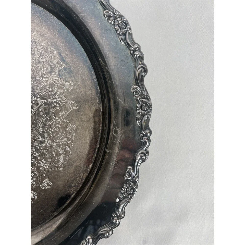 Vintage Silver-Plated Serving Tray Round Ornate Rim Engraved April 1976